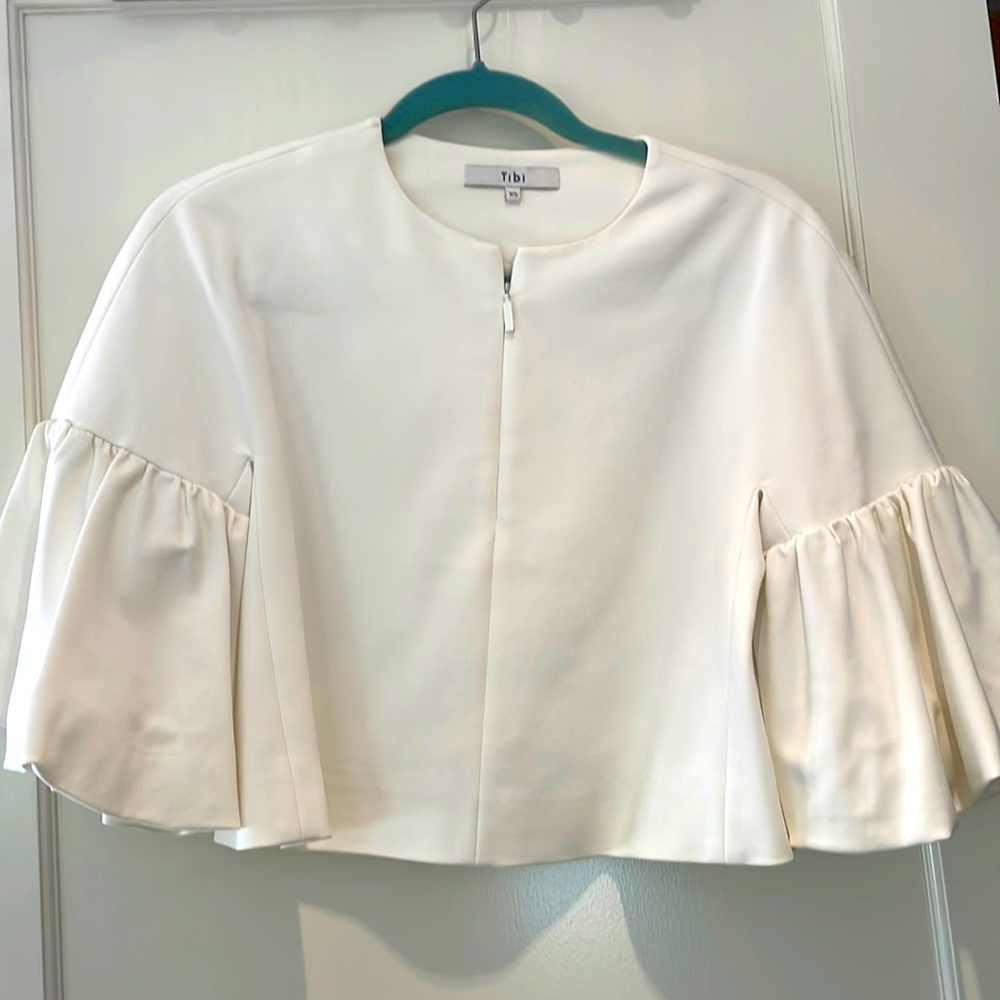 Tibi Agathe Zip Front Balloon Sleeve Cropped Top, White, Size XS.